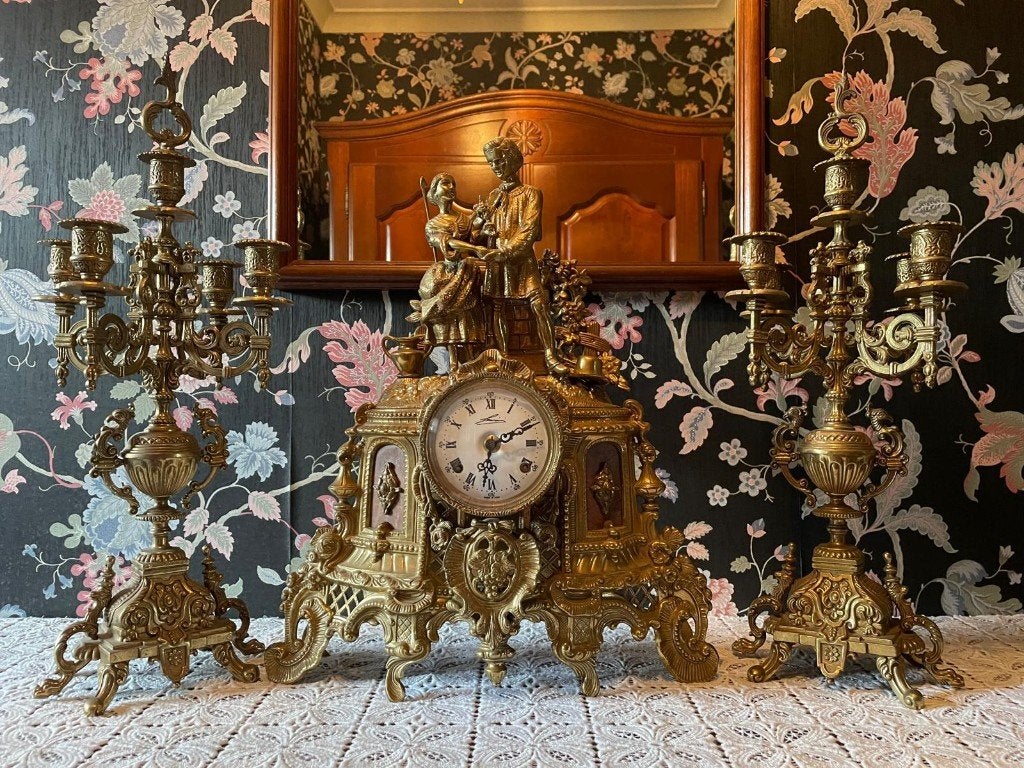 Hoogwaardige vintage schouwgarnituur (ingebouwd FHS uurwerk), Antiek en Kunst, Ophalen