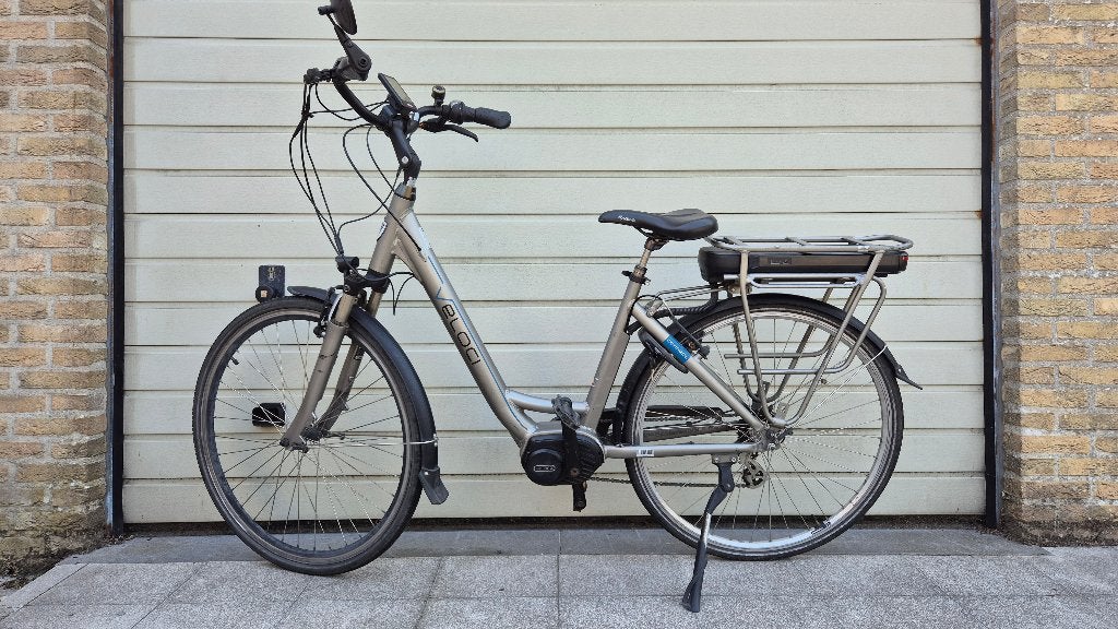 Elektrische damesfiets met middenmoter van het merk Veloci, Gebruikt, Velgrem, Versnellingen, Ophalen