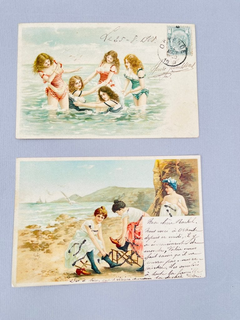 2 antieke Belgische postkaarten strandtaferelen badmode 1908, Verzamelen, Ophalen of Verzenden, Voor 1920, Gelopen, Klederdracht