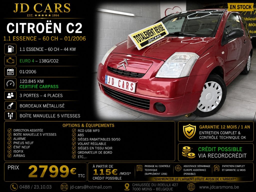 CITROEN C2 1.1 ESSENCE ‼️GARANTIE 1 AN CTOK‼️, Autos, Citroën, Achat, Boîte manuelle, Entretenue par le concessionnaire, Noir