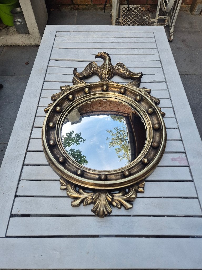 Vintage bolle spiegel met adelaar – Regency/Federal – 62 cm, Ophalen, Rond, Minder dan 50 cm, Minder dan 100 cm