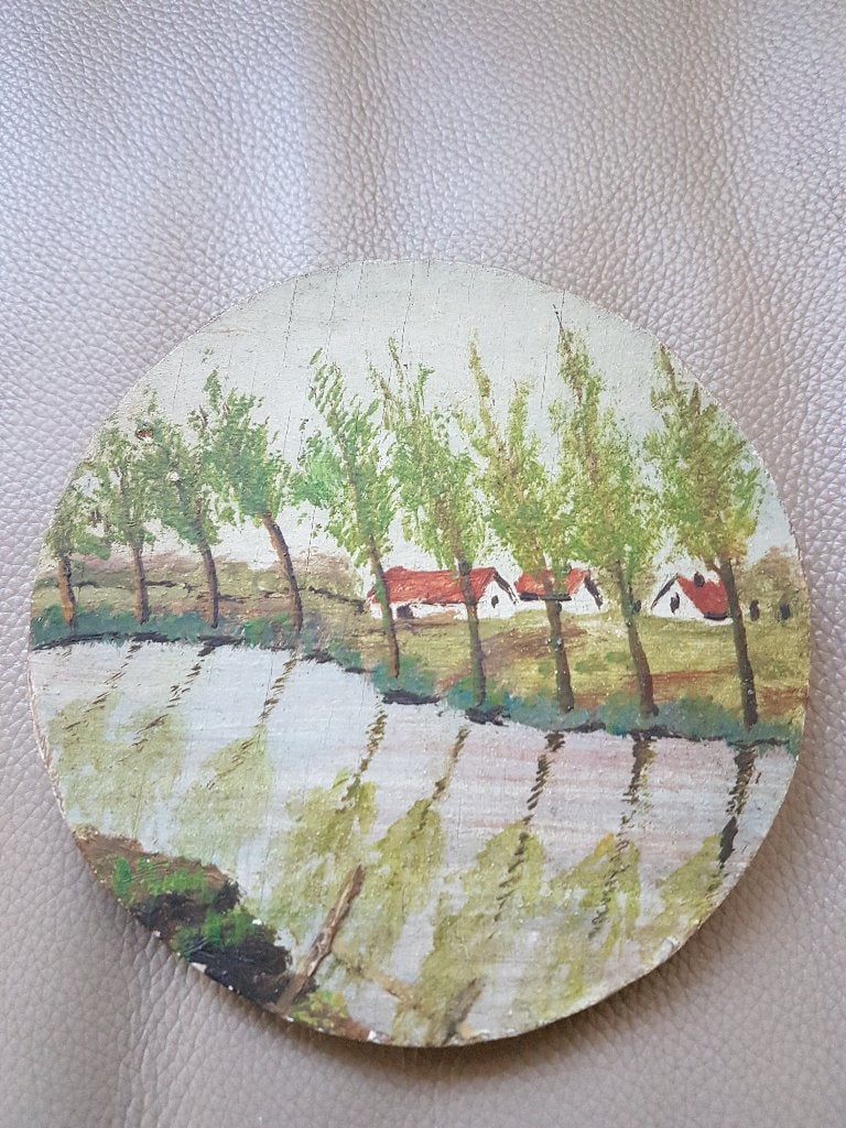 Klein rond oud schilderijtje op hout, Antiquités & Art, Art | Peinture | Classique, Enlèvement, Peint à la main, Paysage, Autres supports