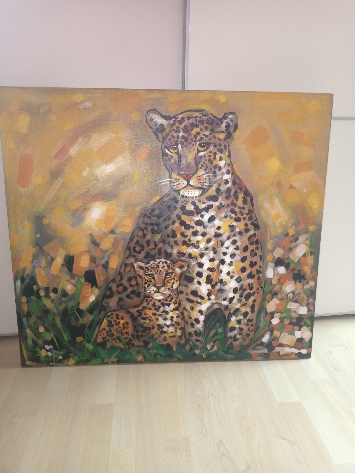 Groot olieverf schilderij van luipaard, Antiek en Kunst, Ophalen