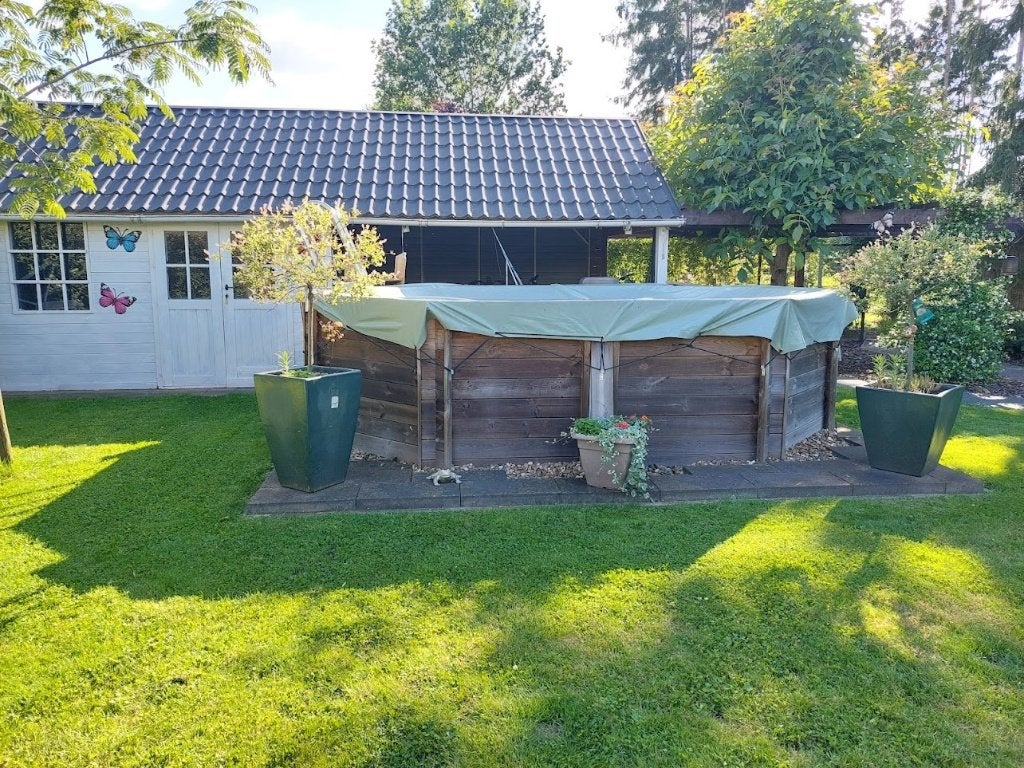 Houten opbouwzwembad incl pomp, zoutomvormer en warmtepomp, Tuin en Terras, Ophalen, Gebruikt, 80 tot 120 cm, 300 cm of meer