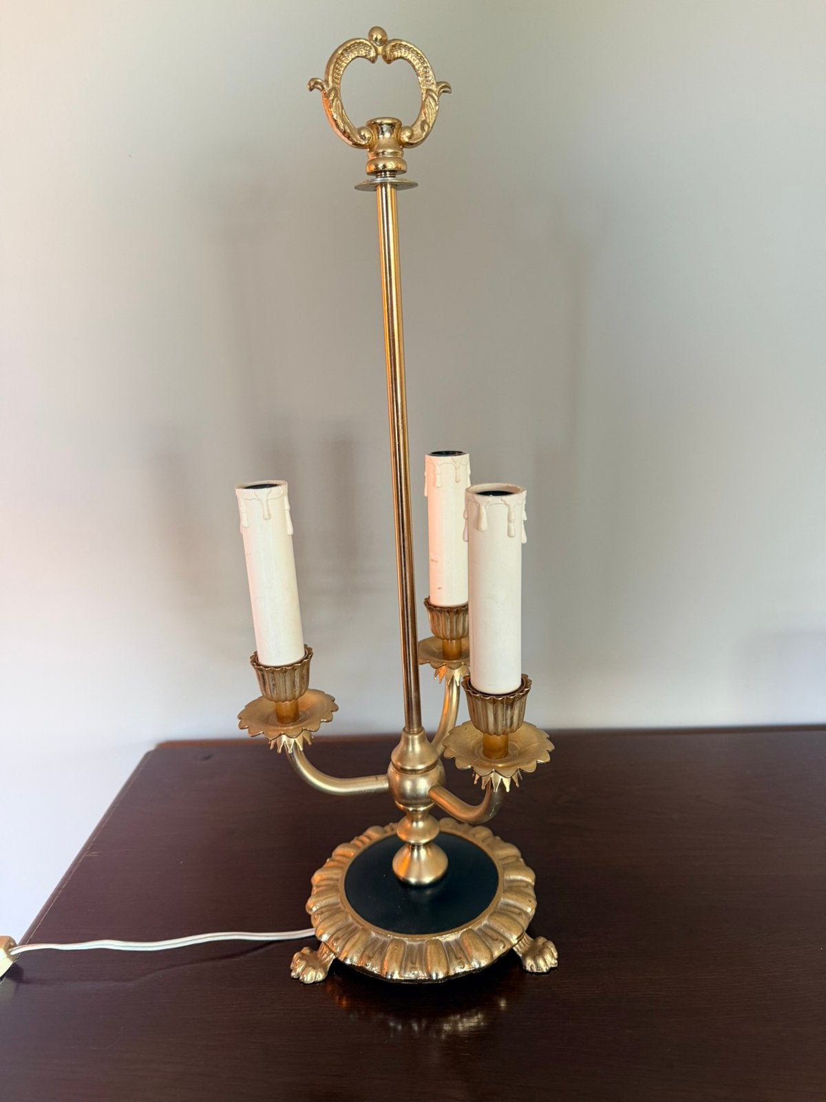 Vintage 3-armige messing Bouillotte tafellamp - Topstaat, Goud, Ophalen, Zo goed als nieuw, Klassiek