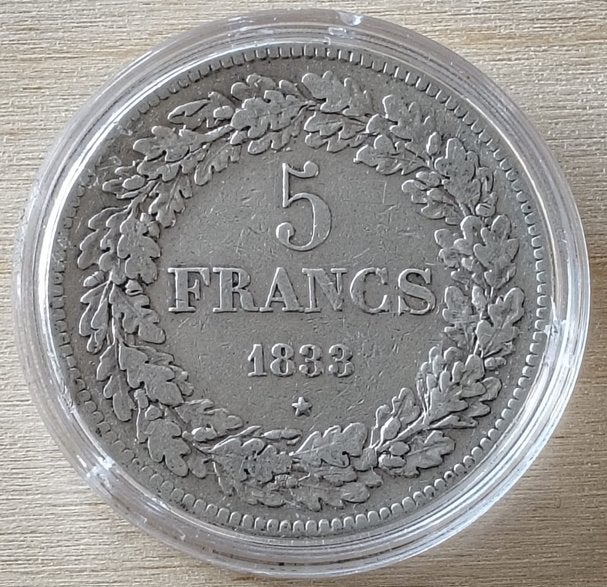5 Fr. zilver 1833, Leopold I in capsule.  Morin nr. 8a, Zilver, Ophalen of Verzenden, Losse munt, Zilver