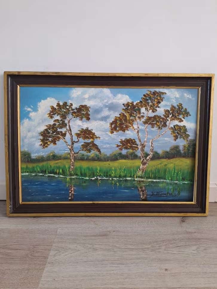Schilderij: Bomen aan het water, gesigneerd J. Veenstra '98, Ophalen of Verzenden