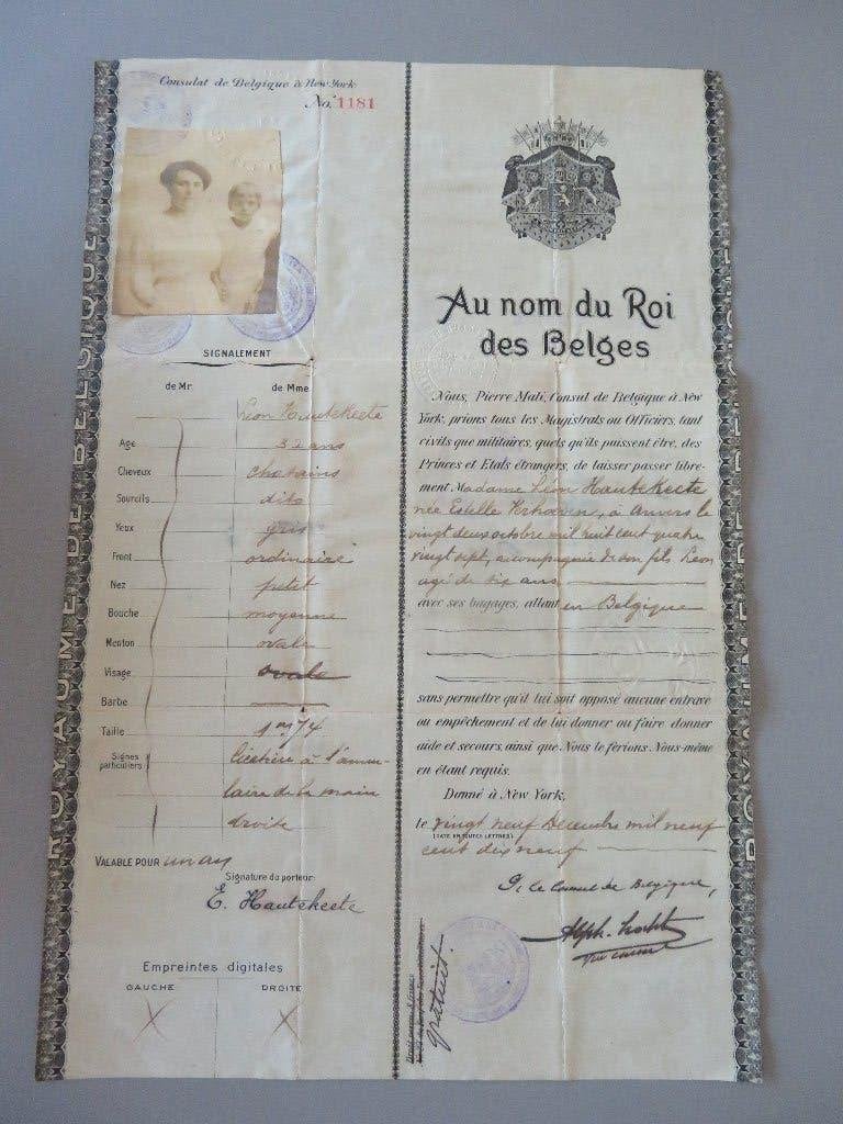 doc. Laissez Passez USA - Belgie 1920 Estelle Verhoeven, Ophalen of Verzenden, Overige soorten, Overige typen