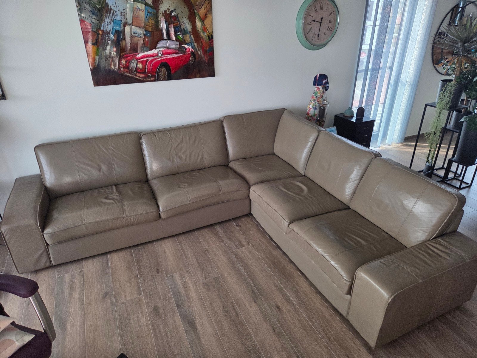 Hoekbank echt leer kleur taupe 300 x 250, Huis en Inrichting, Ophalen, Gebruikt, Leer