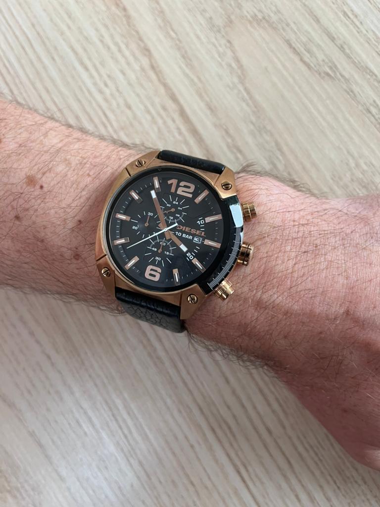 Herenhorloge Diesel - Zwart leren bandje - koperen details, Overige merken, Leer, Staal, Polshorloge