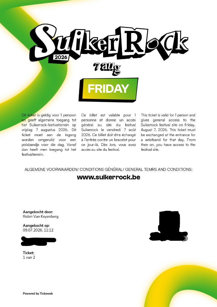 Duo-tickets Suikerrock vrijdag 7 Augustus 2026, Deux personnes