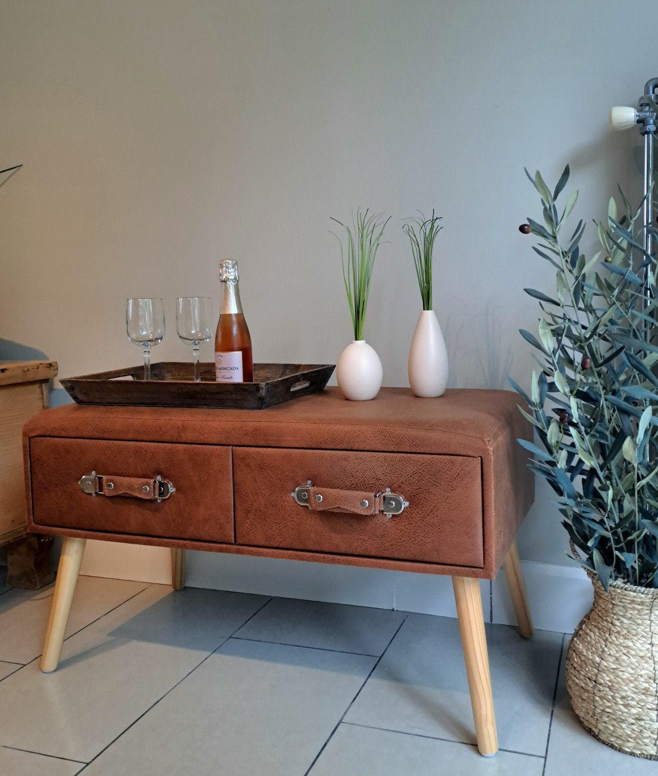 Lederen salontafel met 2 praktische laden, Maison & Meubles, Tables | Tables de salon, Comme neuf, 5 – 50, Moins de 50 cm, 50 à 100 cm