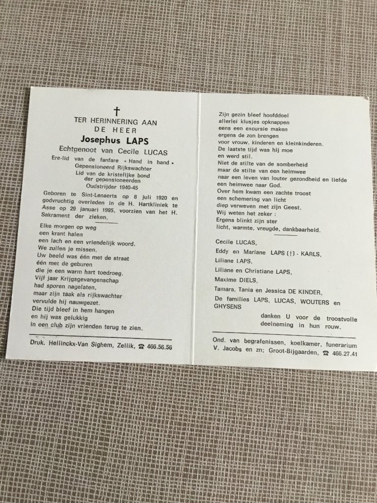 Rijkswachter J. Laps St.Lenaerts +Asse. Charles Lucas, Enlèvement ou Envoi, Image pieuse