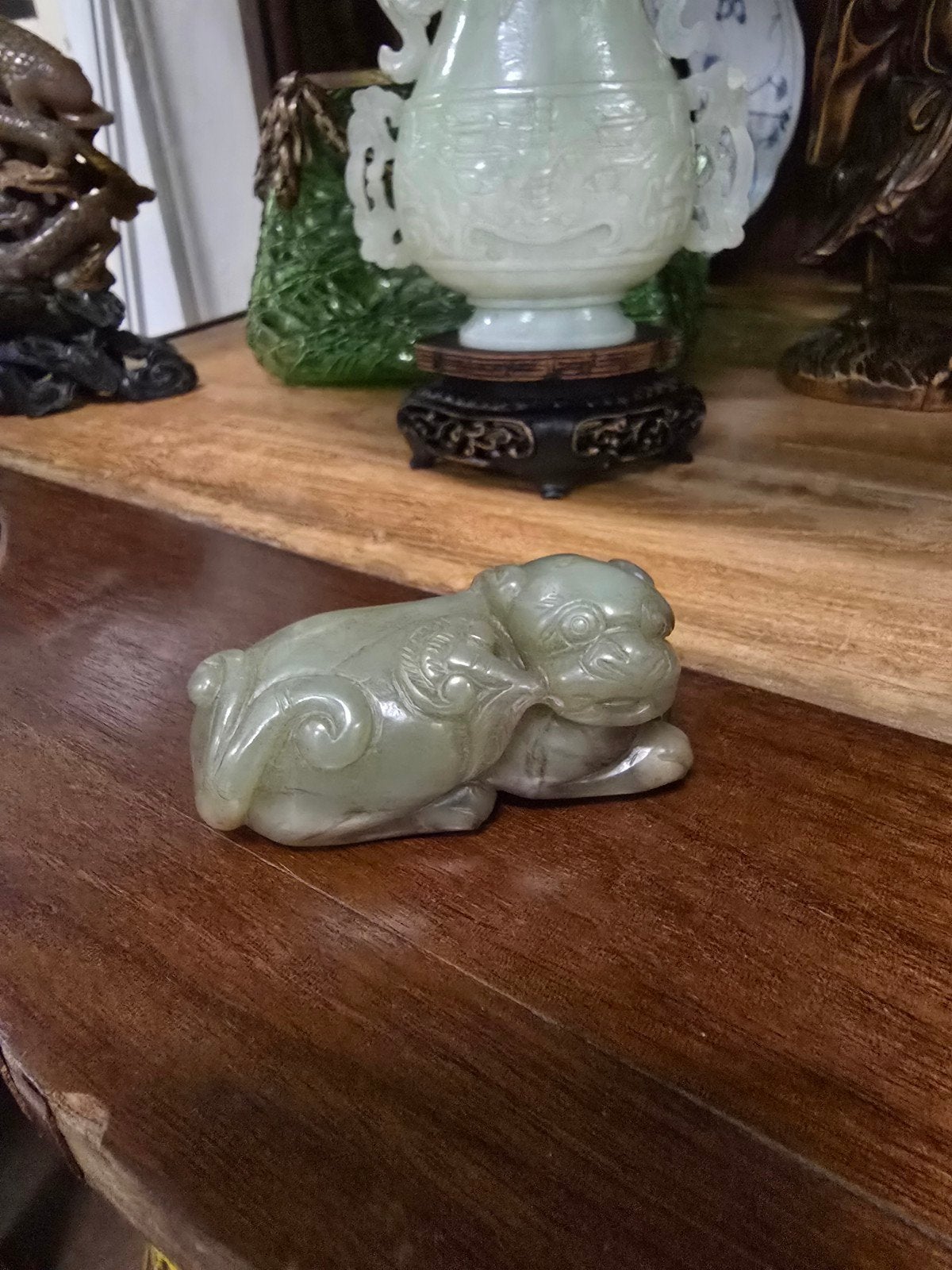 animal mythologique antique en jade, Antiquités & Art, Chine, Enlèvement ou Envoi, Objet rituel, Matériau naturel