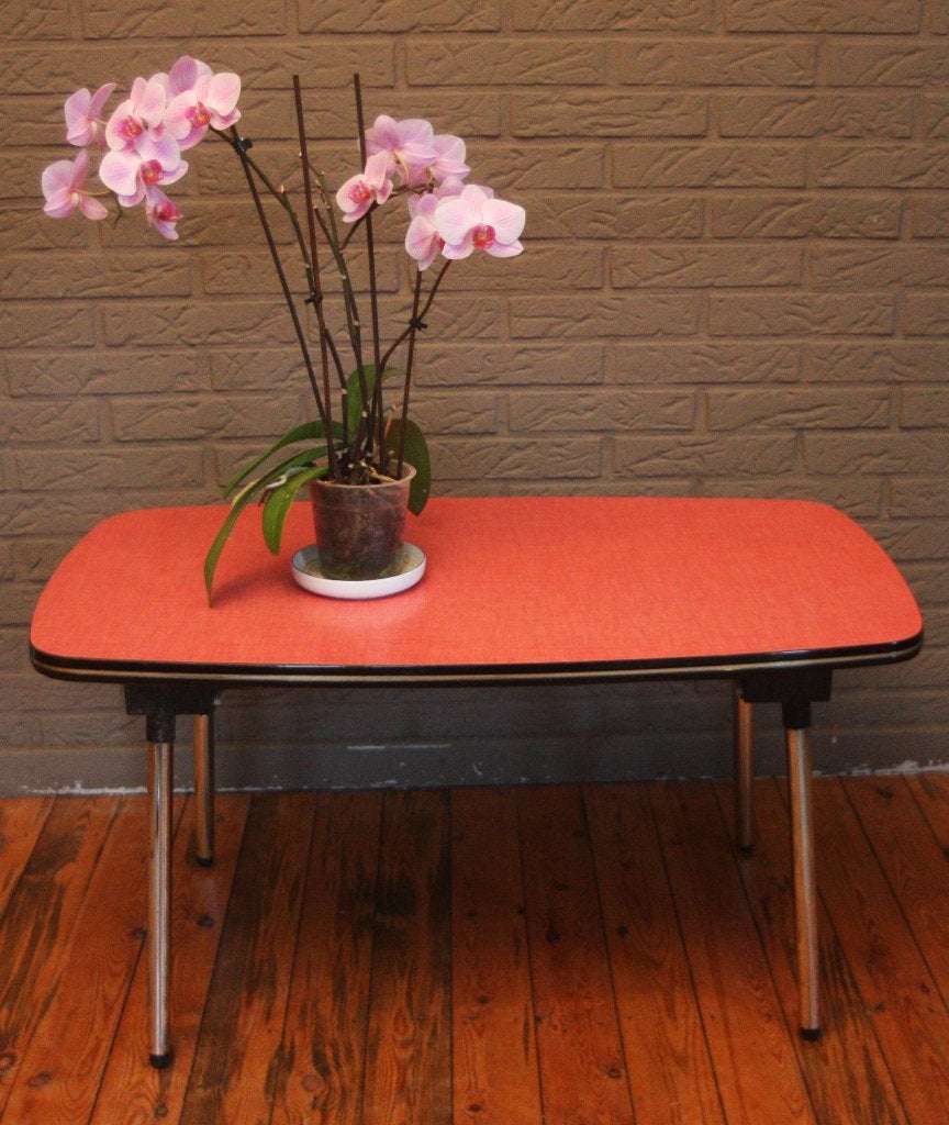Zeldzame Zacht Rood/Rose Formica Salontafel Uit Jaren 60, Ophalen, Zo goed als nieuw, Overige houtsoorten, Vintage / Jaren 60