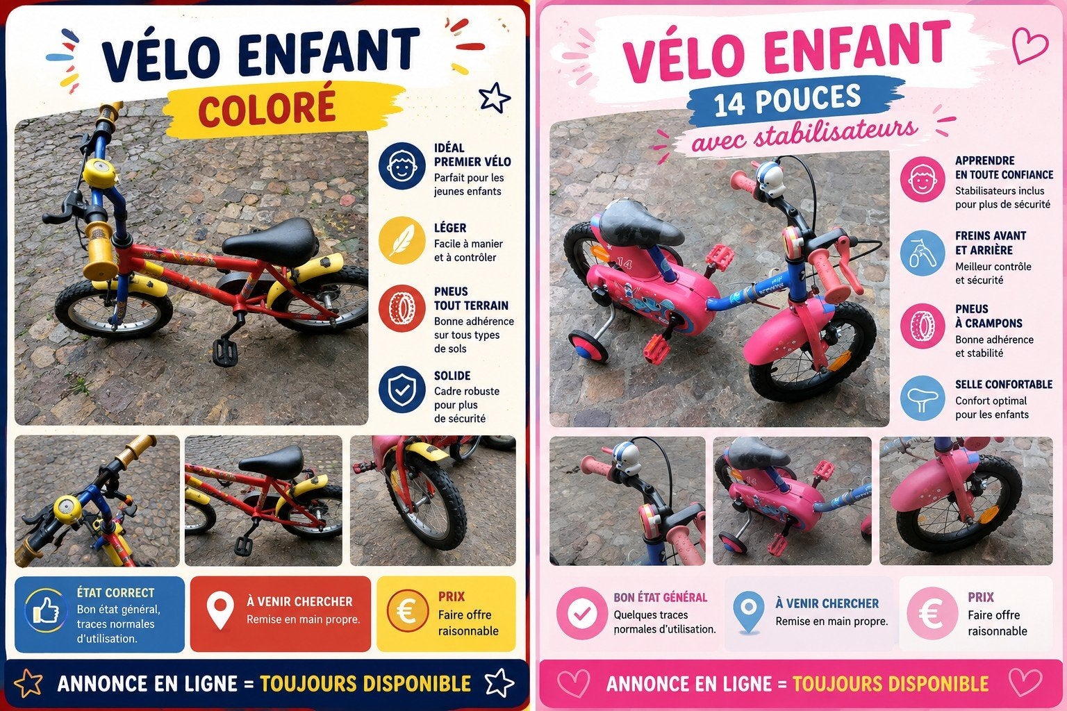 Vélo enfant coloré rouge/bleu/jaune// Vélo enfant 14 pouces