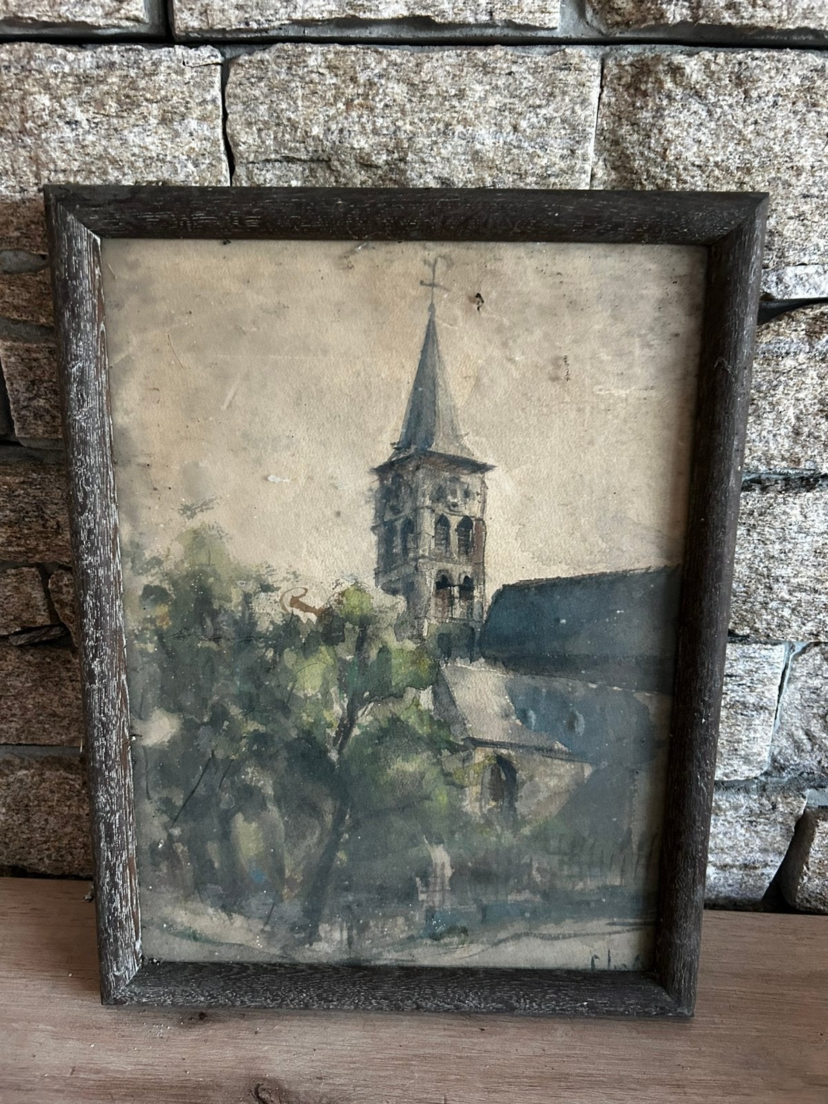 Paysage rural avec église et grand clocher, Antiquités & Art, Enlèvement, Aquarelle, Papier