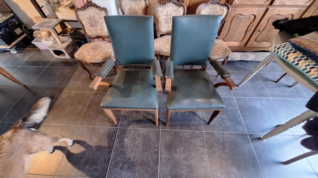 2 fauteuils verts vintage — cadre en bois, Enlèvement
