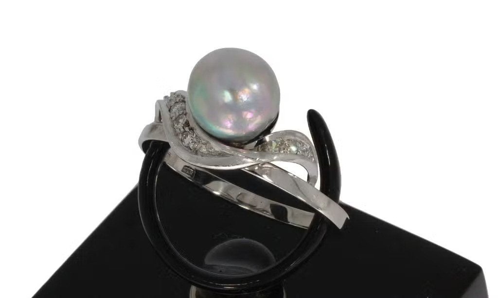 Diamanten 18k gouden fraaie ring grijze parel dames luxe, Ophalen of Verzenden, Zo goed als nieuw, Dame of Heer, Met edelsteen