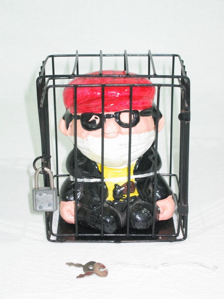Grappige Spaarpot Bankovervaller In Gevangeniscel – Met Hang, Verzamelen, Ophalen of Verzenden, Gebruikt, Steen, Aardewerk of Keramiek