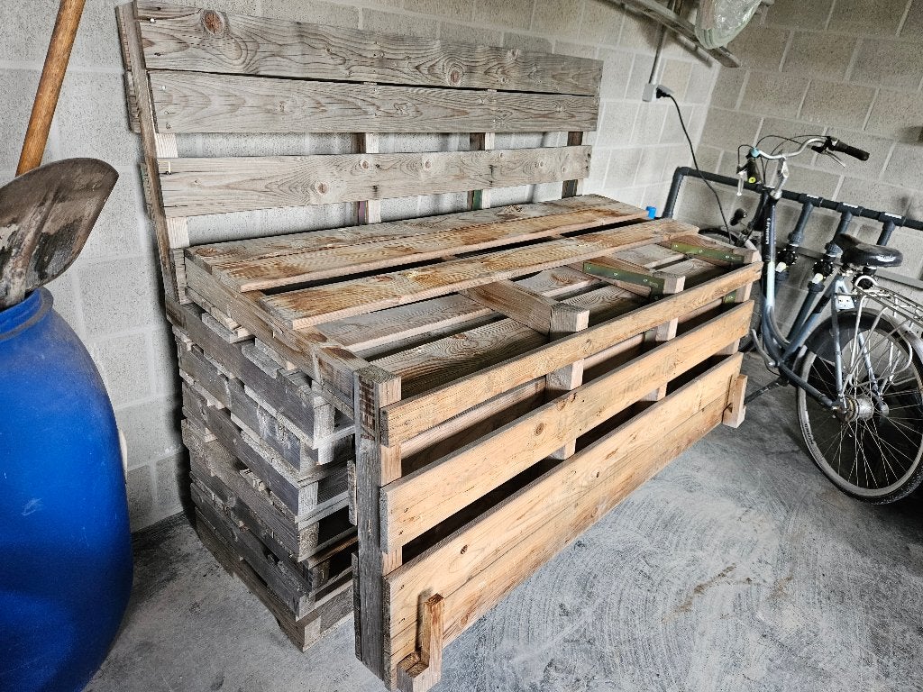 2x 2-delig pallet zitbank + kussens, Tuin en Terras, Ophalen, Gebruikt, Hout