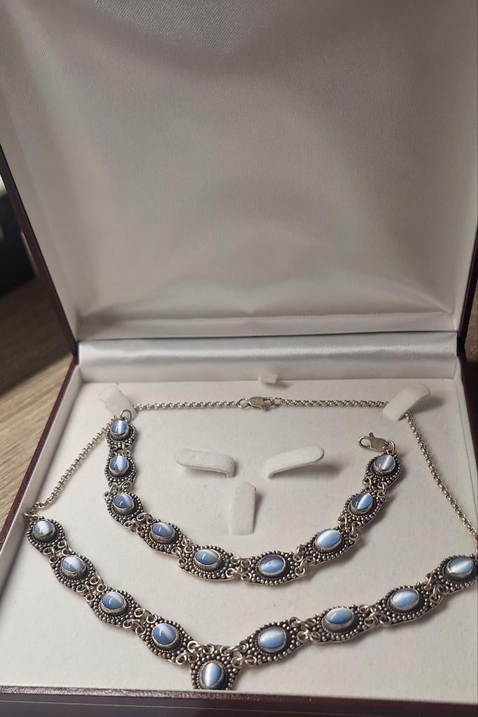 PARURE COLIER +BRACELET ARGENT & PIERRES DE LUNE, Argent, Argent