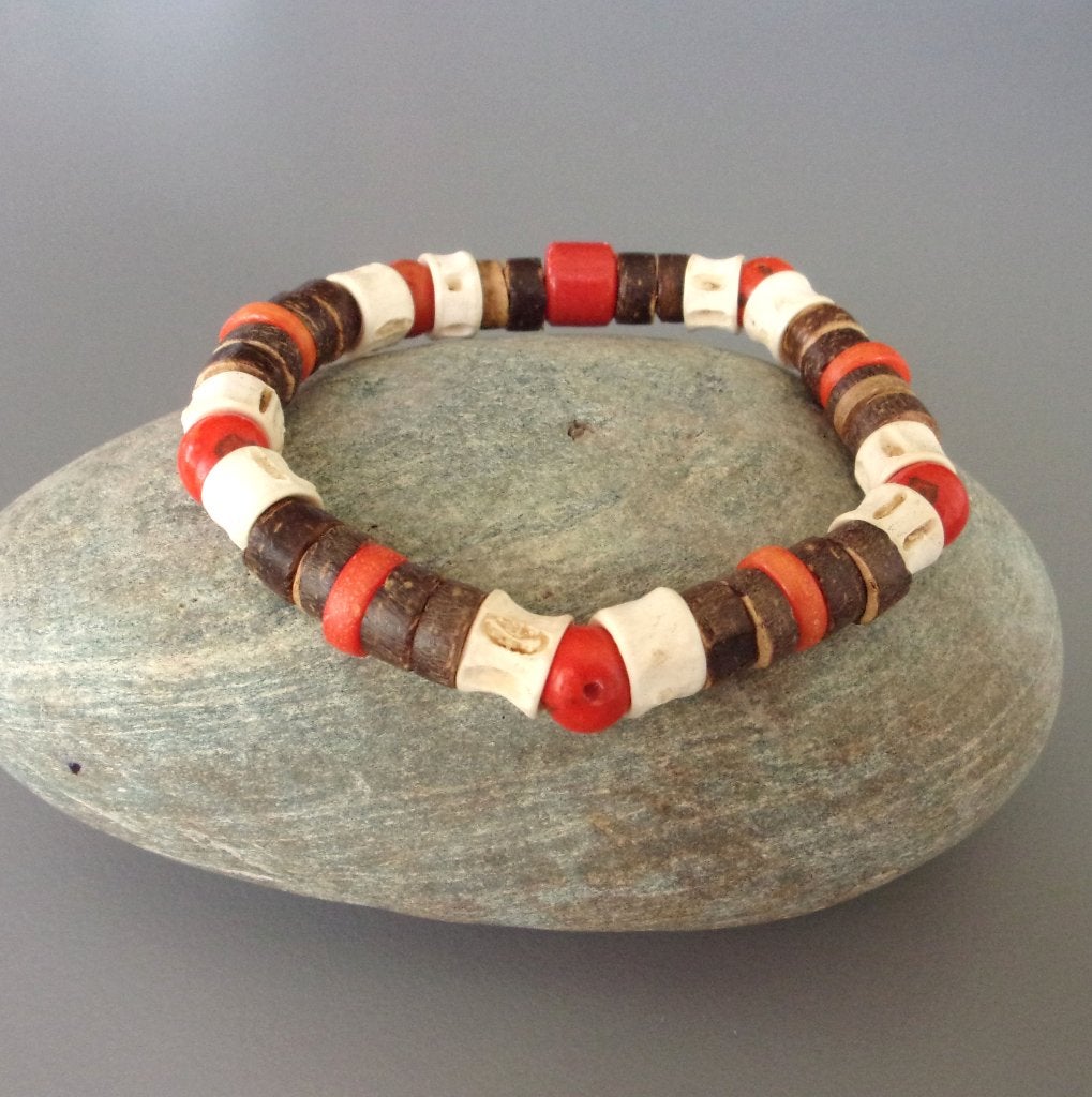 Bracelet nature homme ou femme en rondelles de coco, graines, Enlèvement ou Envoi, Avec bracelets à breloques ou perles, Orange
