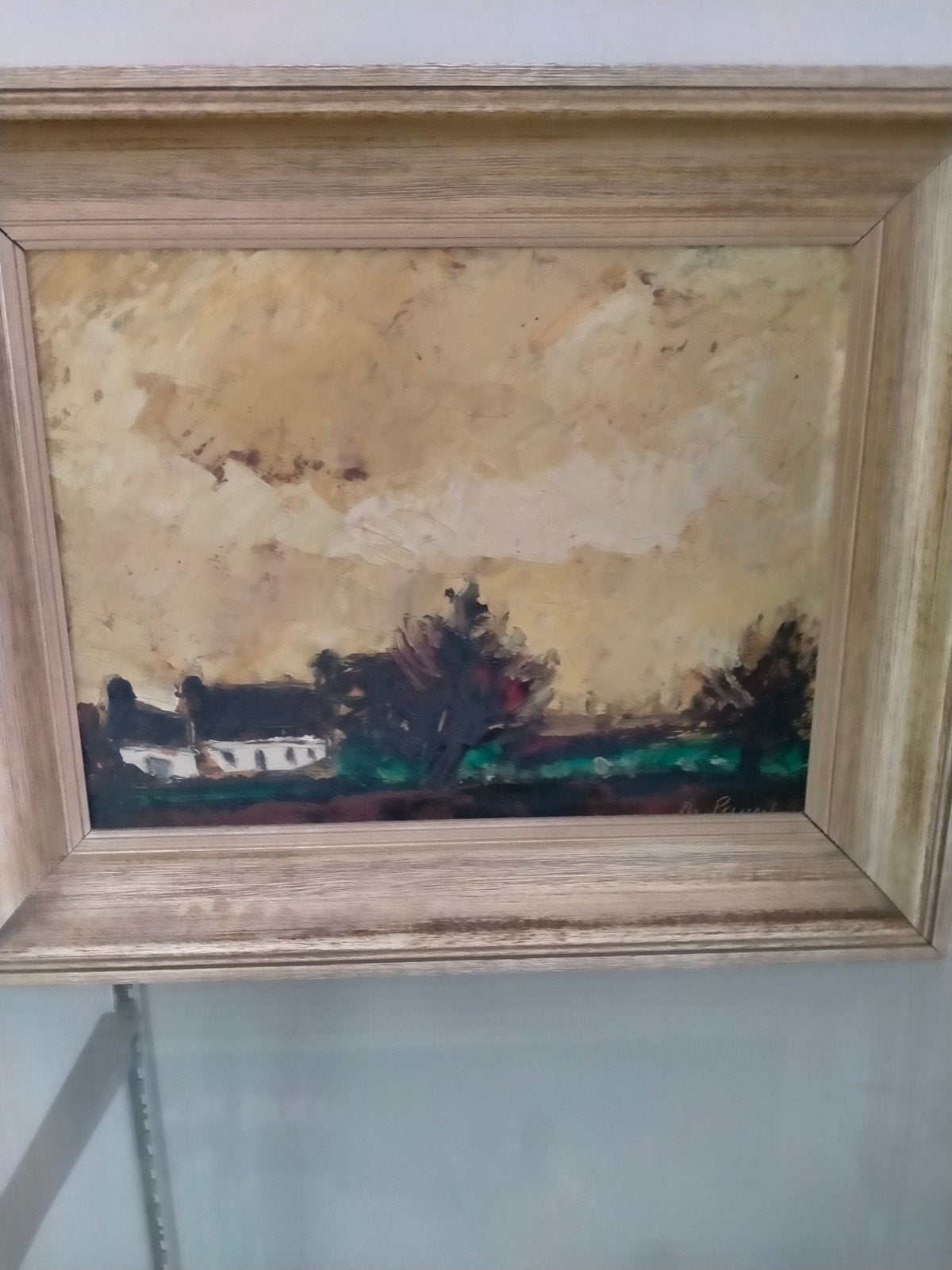 Schilderij hoeve en landschap op paneel., Enlèvement, Encadré, Paysage, Panneau