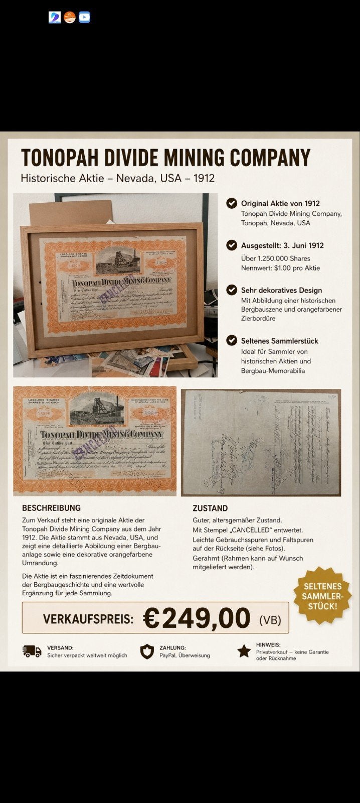 tonepah, Postzegels en Munten, Aandelen en Waardepapieren, Ophalen of Verzenden