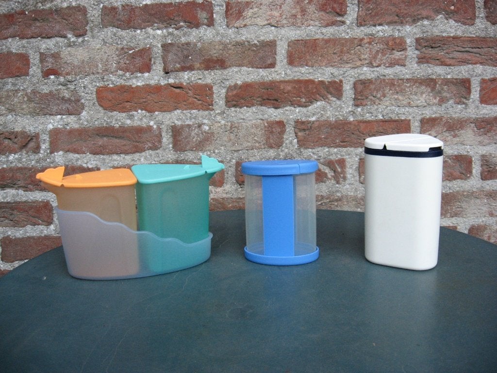 tupperware: melk-suikerset, strooibus, kruidenpot, Ophalen of Verzenden, Blauw