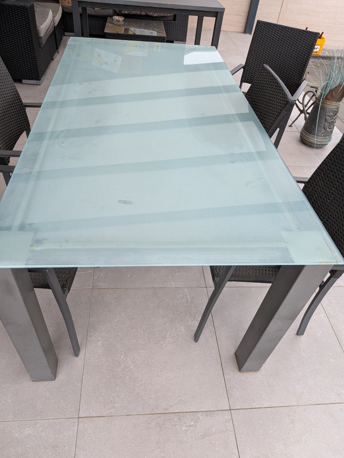 Table de jardin en verre Milk + acier inoxydable, Jardin & Terrasse, Enlèvement, Utilisé, Rectangulaire, Inox