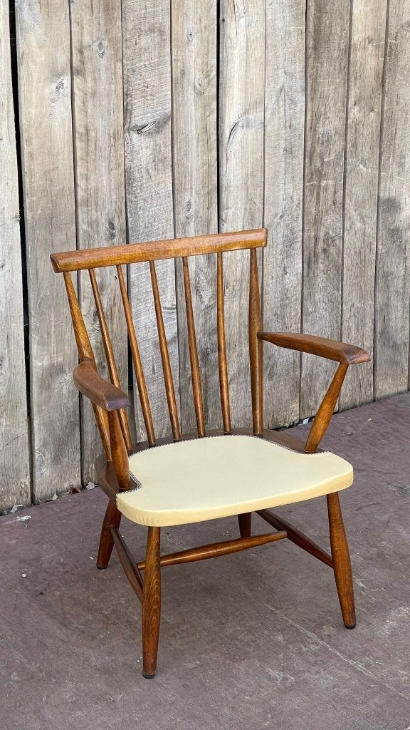 Chaises vintage rares — assise en skaï originale, Maison & Meubles, Chaises, Utilisé, Trois, Bois, Autres matériaux, Brun, Enlèvement ou Envoi