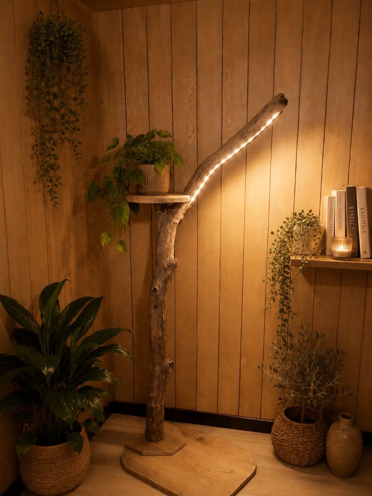 Lampe artisanale en bois flotté - pièce unique, Huis en Inrichting, Lampen | Tafellampen, Nieuw, 75 cm of meer, Hout, Ophalen