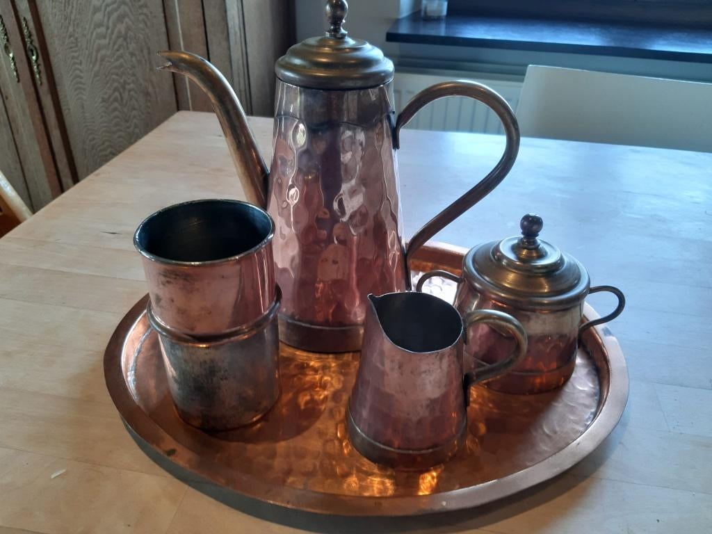 vintage koper koffieset (koffie-/melkkan/suikerpot) + filter, Ophalen, Koper