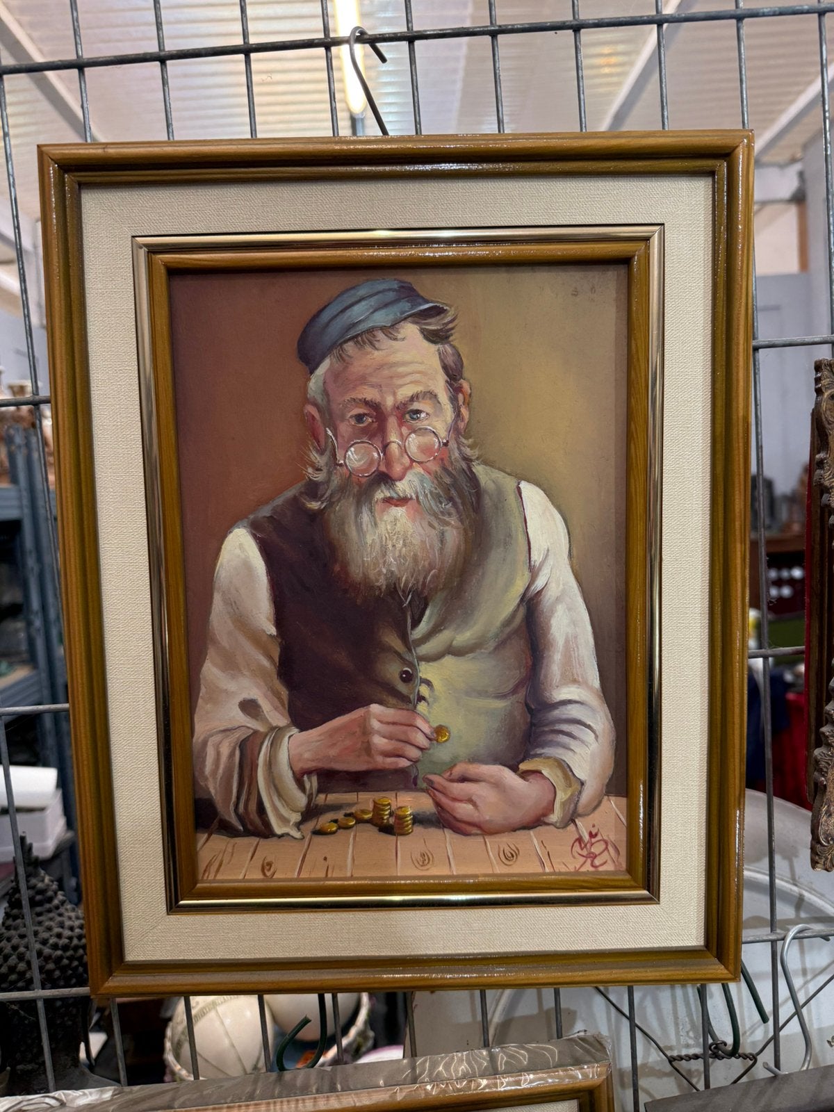 Tableau vintage–Vieil homme comptant ses pièces|Cadre inclus, Enlèvement ou Envoi