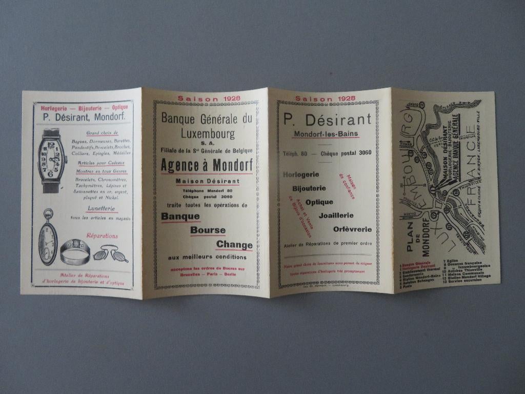 folder 1928 Mondorf Luxemburg bus trein horlogerie Désirant, Enlèvement ou Envoi, Comme neuf, Train, Carte ou Gravure