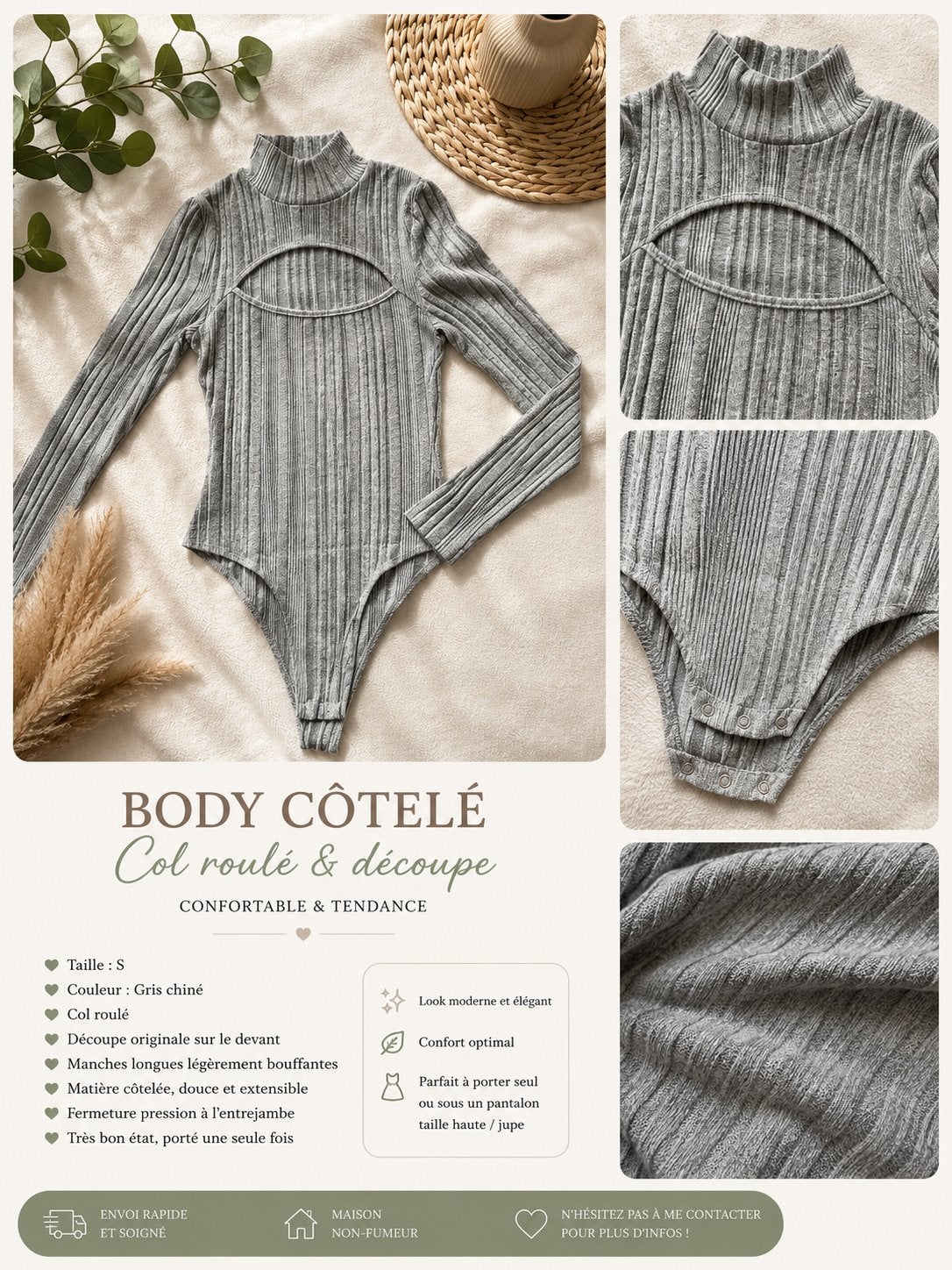 Body côtelé gris à col roulé, Kleding | Dames, Ophalen of Verzenden, Gedragen, Maat 36/38 (S), Grijs