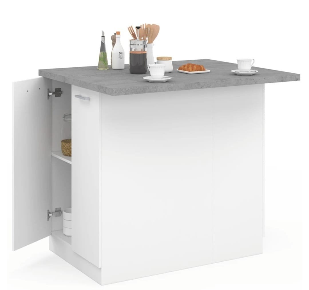 Ilot central de cuisine bois blanc et effet béton, Trois personnes, 150 à 200 cm, Bois blanc et effet béton, Comme neuf