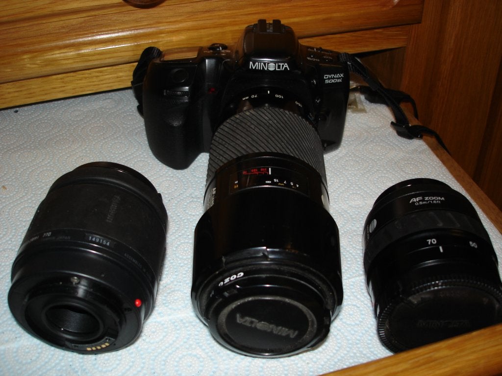Minolta Dynax 500SI met 3 lenzen Tamron 28-80/70-210/35-70m, Audio, Tv en Foto, Fotocamera's Analoog, Ophalen, Gebruikt, Spiegelreflex