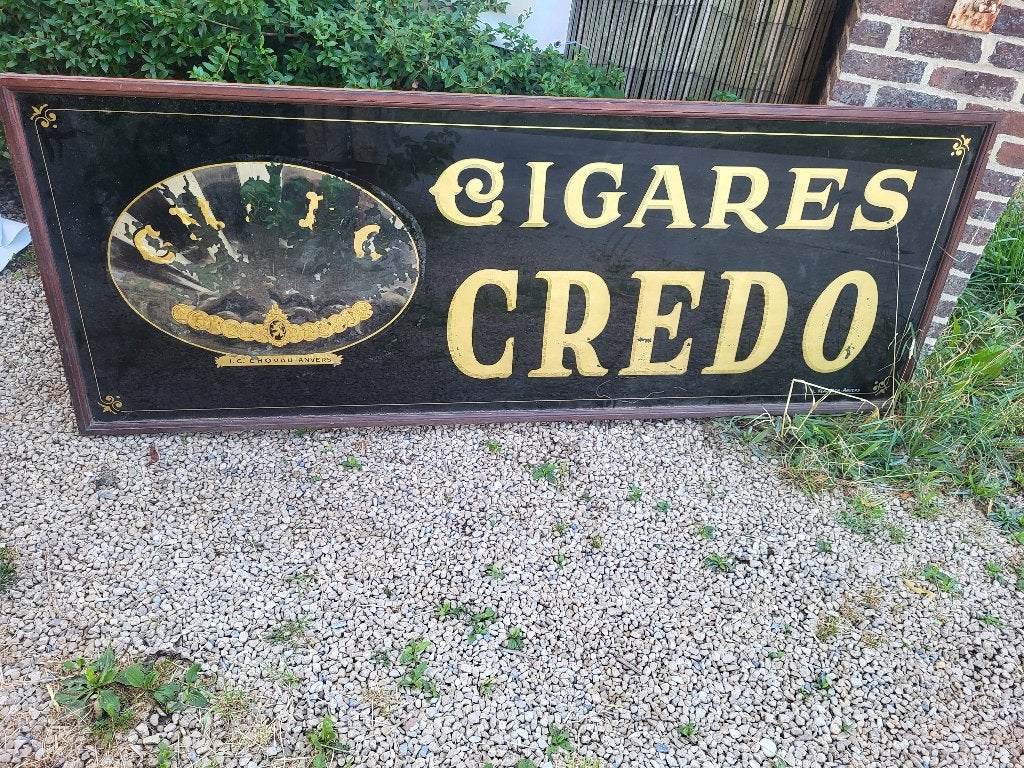 Antieke geverfde glazen reclame: credo cigares, Antiquités & Art, Enlèvement