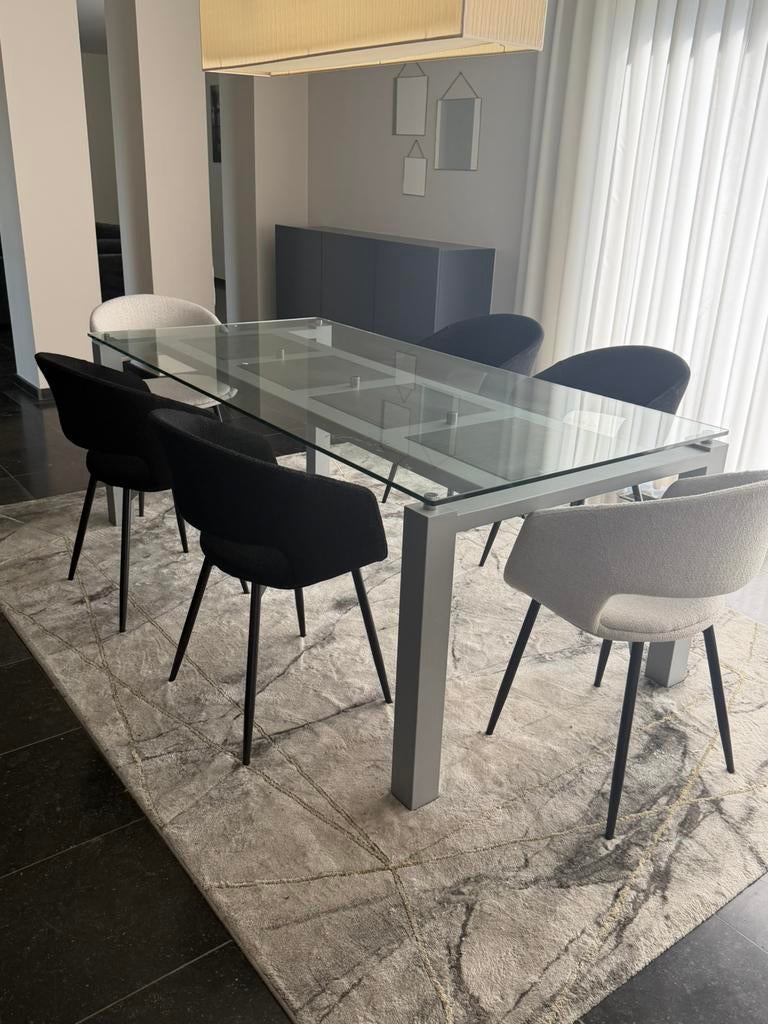 glazen tafel met marmeren inleg + 6 stoelen, Huis en Inrichting, Tafels | Eettafels, Ophalen, Zo goed als nieuw, Glas