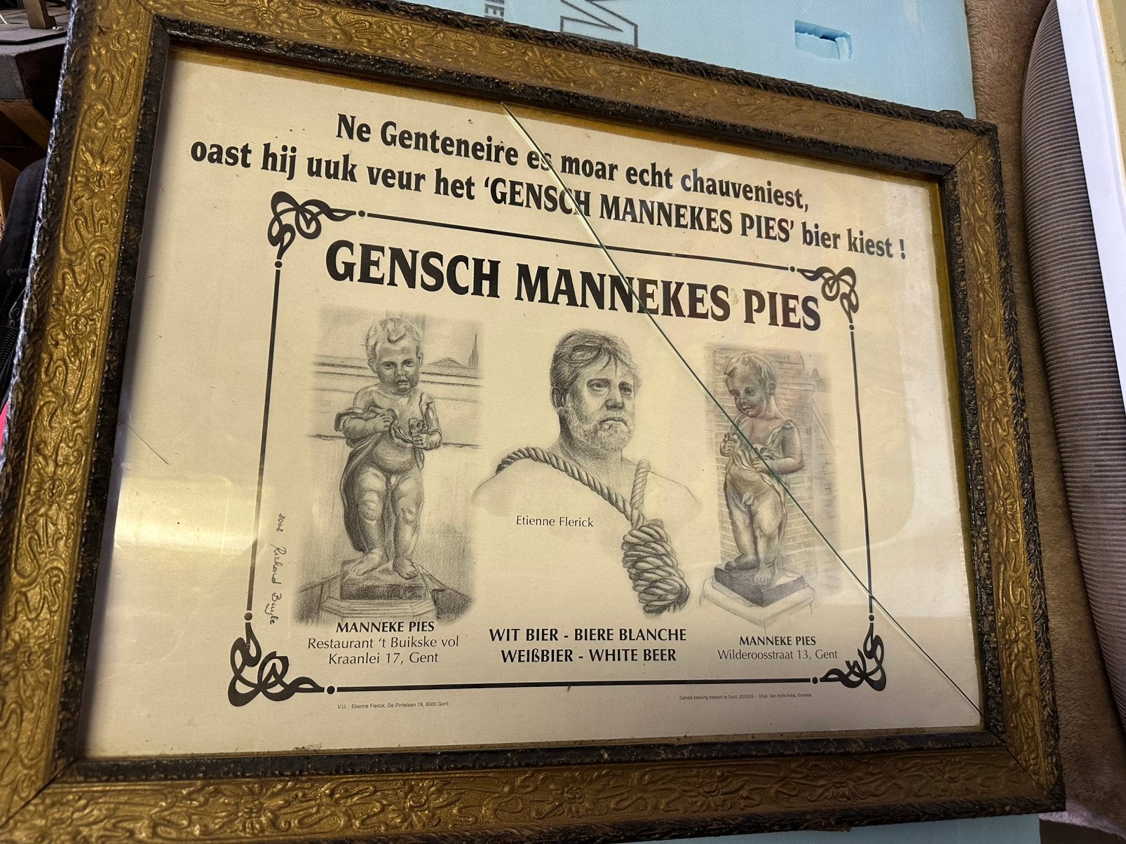 Vintage bierbord / kader "Gensch Mannekes Pies" witbier Gent, Ophalen, Kaart