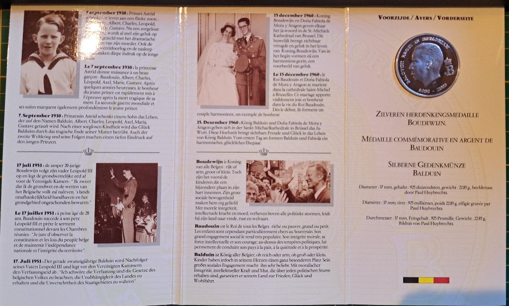 Zilveren herdenkingsmedaille van Koning Boudewijn, Ophalen of Verzenden, Zilver
