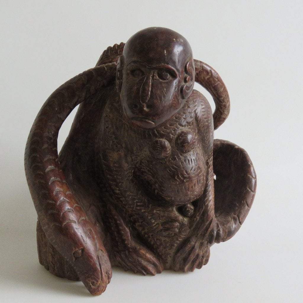 Antieke houtsculptuur aap en slang 1920-30, Ophalen of Verzenden