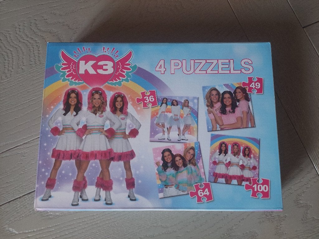 K3 puzzels (4 puzzels in 1 doos), Kinderen en Baby's, Ophalen, Meer dan 50 stukjes, Zo goed als nieuw, 4 tot 6 jaar