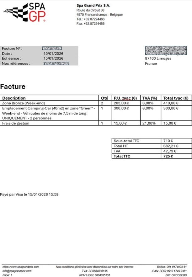 2 billets Bronze + camping-car – GP F1 Spa 17‑18‑19 juillet, Deux personnes, Juillet