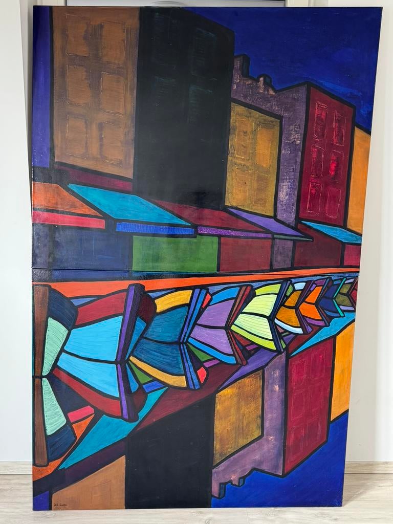 Schilderij 2-delig ‘reflectie op het water’, Antiek en Kunst, Kunst | Schilderijen | Abstract, Ophalen