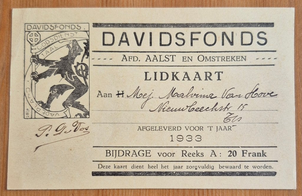 Oude lidkaart Davidsfonds Aalst 1933 Vlaamse Beweging, Verzamelen, Ophalen of Verzenden, Overige typen