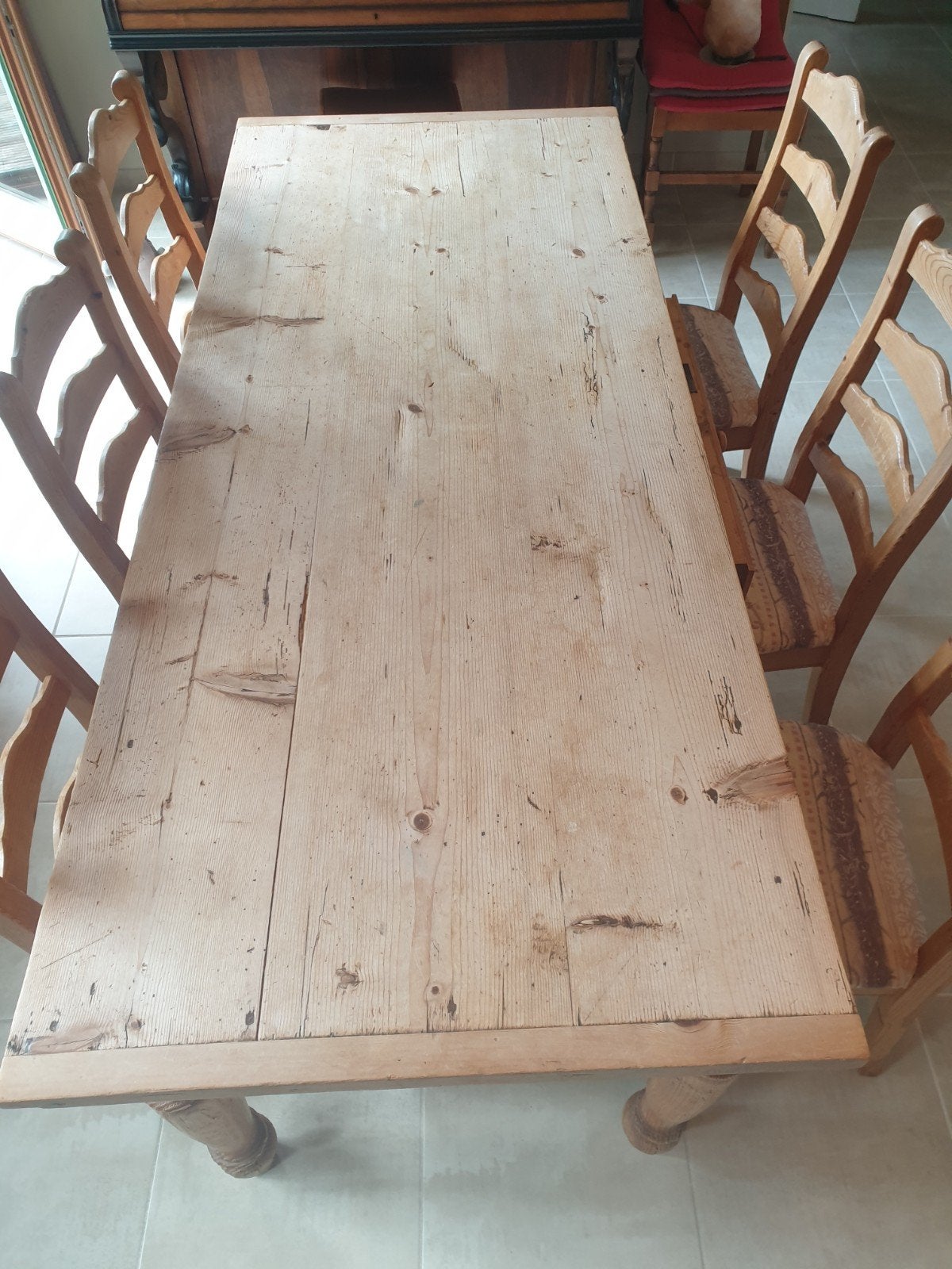 Grenen tafel en 6 stoelen, Ophalen, Gebruikt, Table en pin, 4 tot 6 stoelen