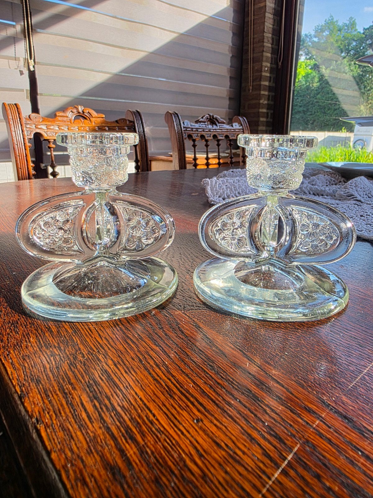 set vintage Art Deco kandelaars Geperst glas 1920/1930, Antiek en Kunst, Ophalen of Verzenden, Glas